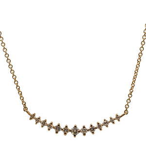 
                  
                    Load image into Gallery viewer, Front view of a 13 stone graduated diamond pendant necklace cast in 14 kt yellow gold.
                  
                