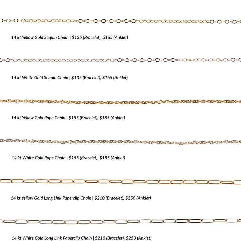 
                  
                    Load image into Gallery viewer, From top to bottom, an overview of a sequin style chain, rope style chain, and paperclip style chain in both solid 14 kt yellow gold and solid 14 kt white gold on a white background.
                  
                