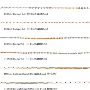 
                  
                    Load image into Gallery viewer, From top to bottom, an overview of a sequin style chain, rope style chain, and paperclip style chain in both solid 14 kt yellow gold and solid 14 kt white gold on a white background.
                  
                