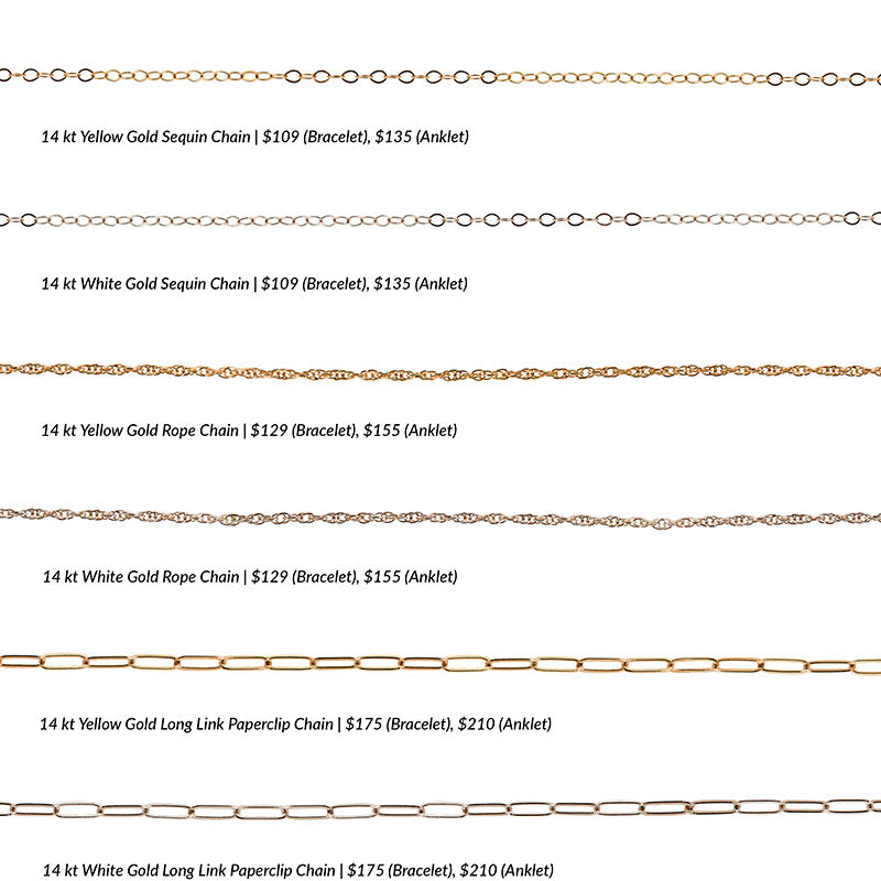 
                  
                    Load image into Gallery viewer, An overview photo of 6 different solid gold chain styles offered for permanent jewelry.
                  
                