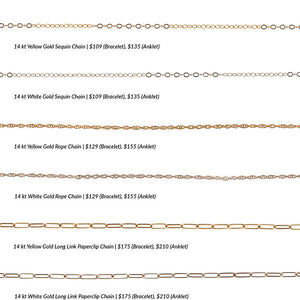 
                  
                    Load image into Gallery viewer, An overview photo of 6 different solid gold chain styles offered for permanent jewelry.
                  
                