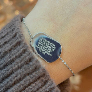 
                  
                    Load image into Gallery viewer, Engraved sterling silver bracelet shown on model&amp;#39;s left wrist
                  
                