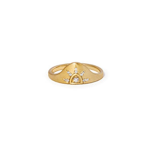 
                  
                    Load image into Gallery viewer, A seamless matte 14kt yellow gold band adorned with diamond sun rays on white bakground
                  
                