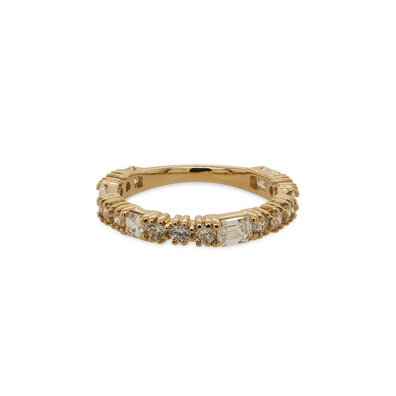 Front view of a diamond three quarters band with round, asscher and baguette cut diamonds cast in 14 kt yellow gold.