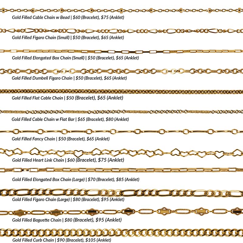 An overview photo of 12 different gold filled chain styles offered for permanent jewelry.