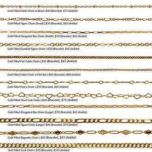 
                  
                    Load image into Gallery viewer, An overview photo of 12 different gold filled chain styles offered for permanent jewelry.
                  
                