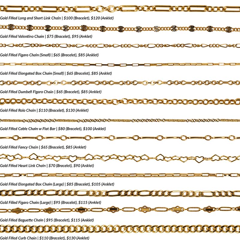 An overview photo of 13 different gold filled chain styles offered for permanent jewelry.