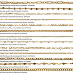 An overview photo of 13 different gold filled chain styles offered for permanent jewelry.