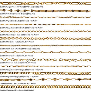 
                  
                    Load image into Gallery viewer, An overview photo of 13 different gold filled chain styles offered for permanent jewelry.
                  
                