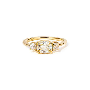 
                  
                    Load image into Gallery viewer, Casted in 14 kt gold, this three stone ring makes the perfect engagement ring.
                  
                