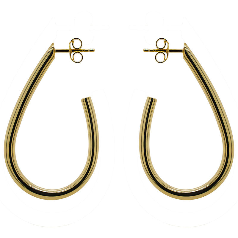 
                  
                    Load image into Gallery viewer, A large pair of 3/4 hoops with posts made of 14 kt yellow gold vermeil on a white background. 
                  
                