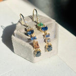 14 kt Yellow gold, multi-shape, mixed stone, one of a kind dangle earrings.