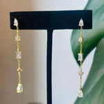 These gorgeous drop earrings have baguette, pear, square and round shaped crystals. They are available in sterling silver and 14kt yellow gold vermeil.