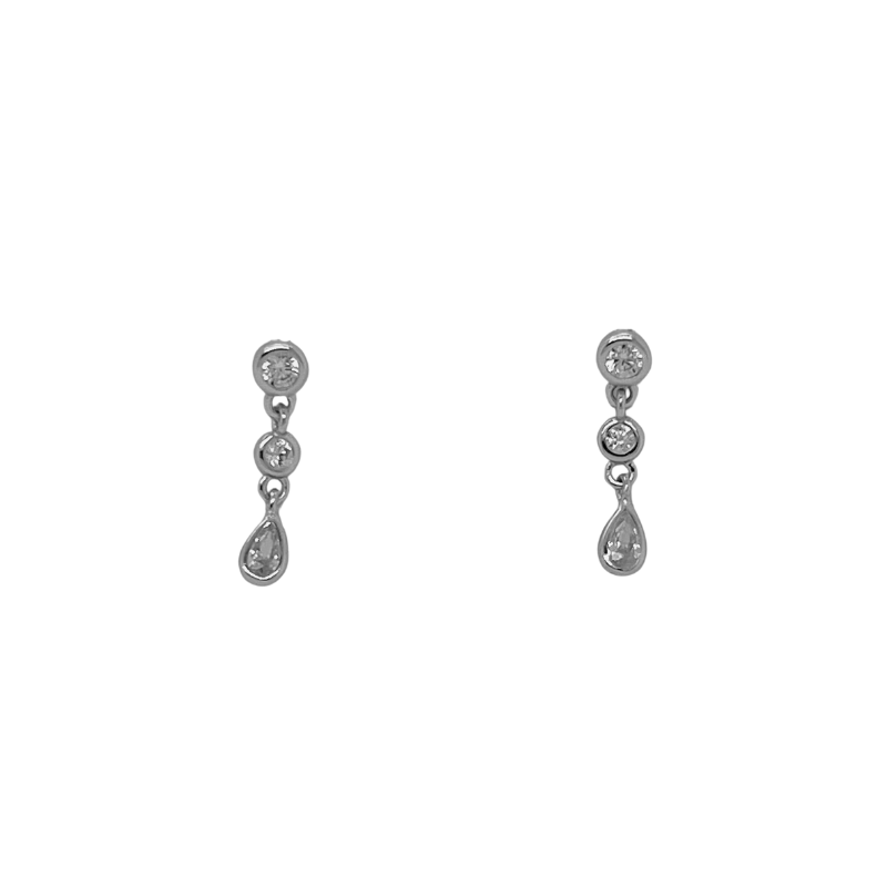 
                  
                    Load image into Gallery viewer, A classy and delicate pair of earrings for any occasion. With two round and one pear crystal, these dangling studs will catch the light and shine bright. Available 14kt yellow gold vermeil. All stones are genuine crystals.
                  
                