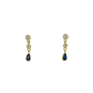 
                  
                    Load image into Gallery viewer, A classy and delicate pair of earrings for any occasion. With two round and one pear crystal, these dangling studs will catch the light and shine bright. Available 14kt yellow gold vermeil. All stones are genuine crystals.
                  
                