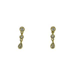 
                  
                    Load image into Gallery viewer, A classy and delicate pair of earrings for any occasion. With two round and one pear crystal, these dangling studs will catch the light and shine bright. Available 14kt yellow gold vermeil. All stones are genuine crystals.
                  
                