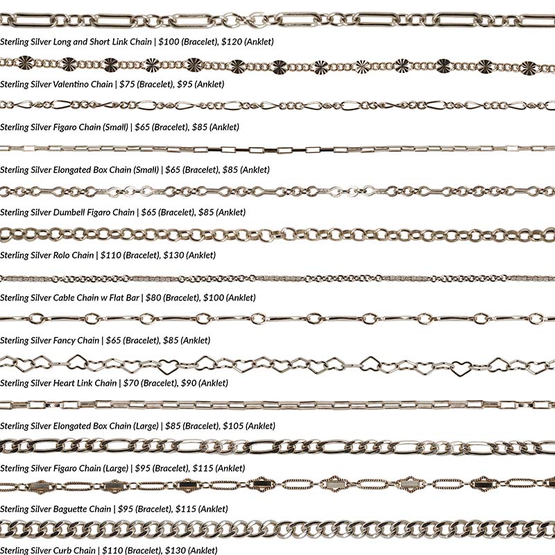 
                  
                    Load image into Gallery viewer, An overview photo of 13 different 925 sterling silver chain styles offered for permanent jewelry.
                  
                