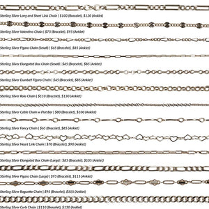 
                  
                    Load image into Gallery viewer, An overview photo of 13 different 925 sterling silver chain styles offered for permanent jewelry.
                  
                