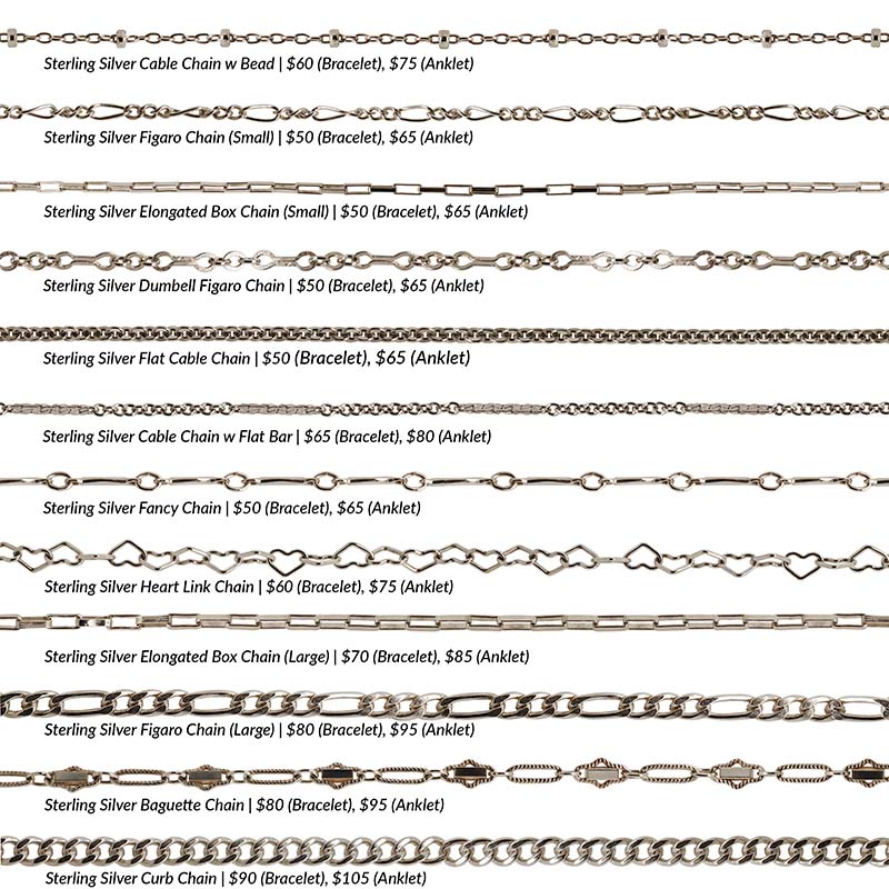 An overview photo of 12 different 925 sterling silver chain styles offered for permanent jewelry.