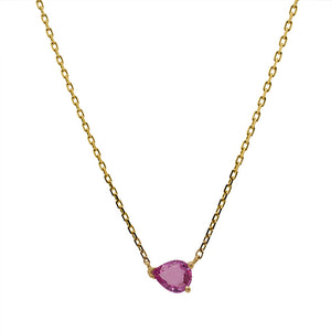 
                  
                    Load image into Gallery viewer, An east west set pink, pear cut sapphire necklace set in a 3 prong 14 kt yellow gold setting on a white background.
                  
                