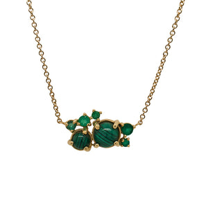 
                  
                    Load image into Gallery viewer, Front view of malachite and emerald cluster necklace set in a 14 kt yellow gold setting.
                  
                