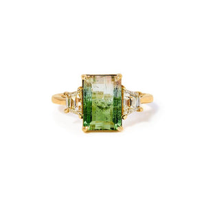 
                  
                    Load image into Gallery viewer, This 14 kt gold, bicolor tourmaline center stone is flanked by two trapezoid diamonds.
                  
                