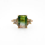 A front view of this gorgeous bicolor tourmaline and diamond ring. Cast in 14kt Yellow Gold.