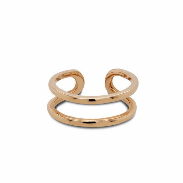 Front view of double midi ring cast in 14 kt yellow gold.