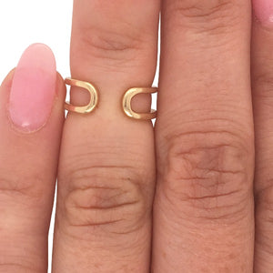 
                  
                    Load image into Gallery viewer, Double midi ring cast in 14 kt yellow gold on left ring finger.
                  
                